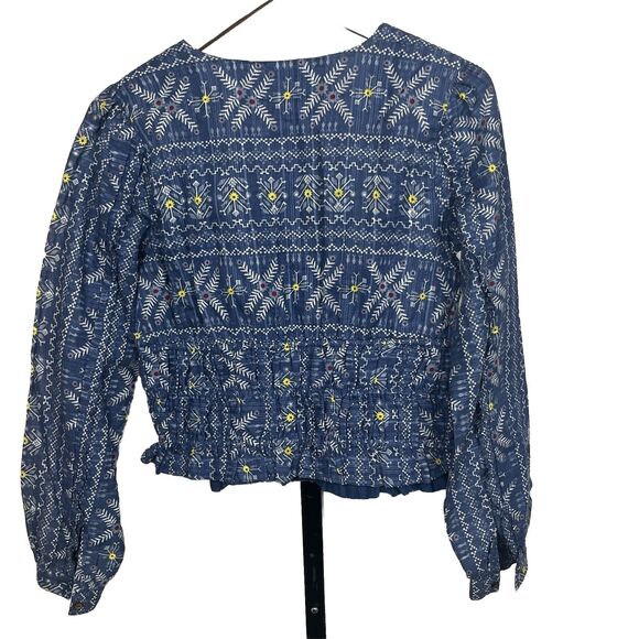 Anthropologie Cropped Top Smocked Ruffle XS Blue Blouse Boho Puff Sleeve Cottage - Picture 2 of 6